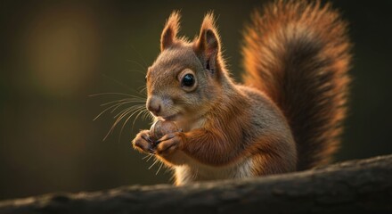 Fototapeta premium Squirrel portrait bright, furry, gripping a nut