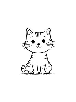 Cute Whimsical Cat Black and White Vector Illustration