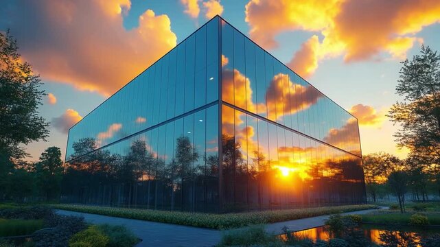 Contemporary Architectural Marvel at Sunset: A modern architectural masterpiece, enveloped in a symphony of colors, mirrors the beauty of a breathtaking sunset.