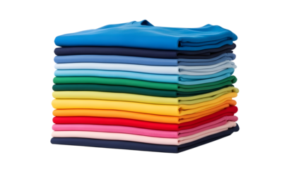Large stack of rainbow colored blank shirts for apparel design and retail marketing. isolated PNG with Transparent Background