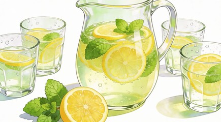 Fototapeta premium High-quality creative illustration of pitcher of refreshing lemonade with lemon slices and mint leav