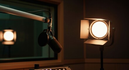 Studio mic, spotlight, dark moody vibe