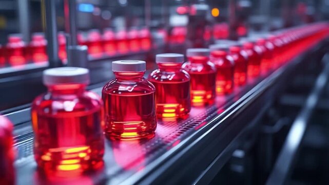 Automated Production: Rows of bottles filled with a vibrant liquid move along a production line. The image evokes a sense of efficiency and precision in a modern factory setting.