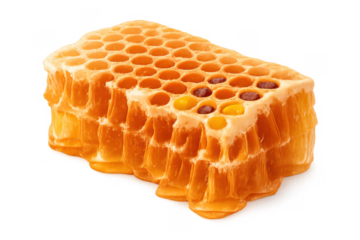 Natural golden honeycomb piece on transparent background, showing hexagonal cells filled with sweet fresh honey and pollen