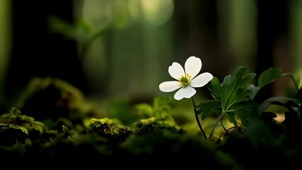 Spring booming. Life. New hope. Season. A closeup of a white flower with a yellow center, set against a blurred green forest backdrop.