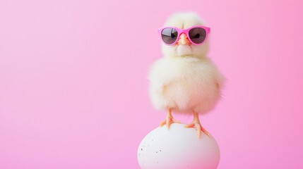 Fluffy chick wearing sunglasses standing on an egg against a pastel background celebrating Easter and spring with a focus on poultry farming in a festive setting