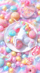 Fototapeta premium Sweet Unicorn Fantasy: A dreamy composition, features a charming unicorn sculpture set amid a sea of vibrant sweets, creating a whimsical and enchanting visual experience.