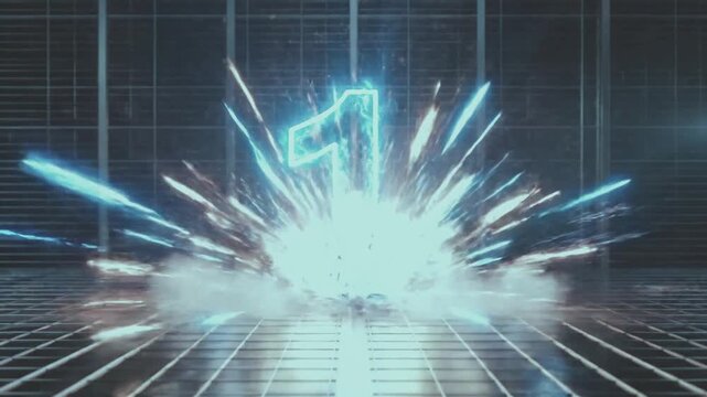 3d countdown transition starting with lightning running and ending with a blue explosion