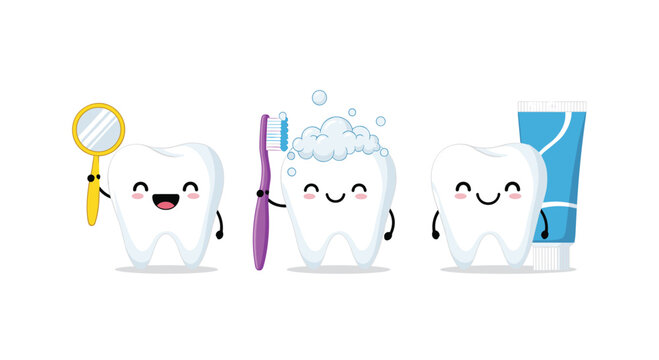 Set of three adorable cartoon teeth characters holding a dental mirror, a purple toothbrush with foam, and a blue tube of toothpaste.