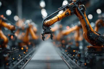 Orange Industrial Robotic Arm on Manufacturing Assembly Line