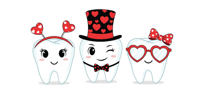 Adorable teeth characters decorated for Valentine's Day with heart headbands, a top hat, and red bow tie on a white background.