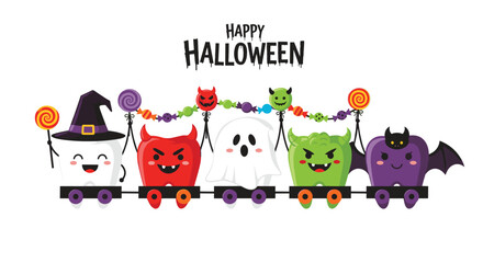 Fototapeta premium Row of happy cartoon teeth dressed in various Halloween costumes traveling on a toy train with festive banners.