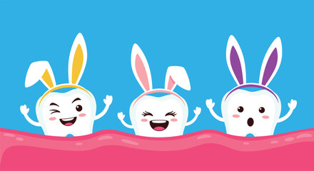 Obraz premium Three happy white teeth characters wearing colorful bunny ear headbands celebrating the Easter holiday together.