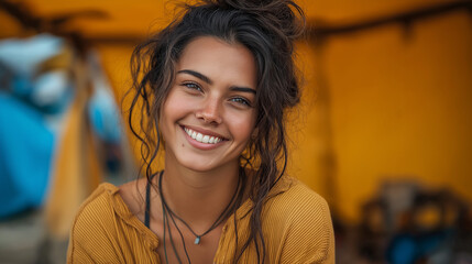 Young Woman with Brown Hair Radiates Joyful Vibes in Outdoor Camping Adventure - Smiling Portrait in Casual Fashion Amidst Nature's Warm Tones