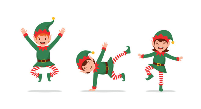 Collection of three joyful Christmas elves jumping and dancing in festive green and red holiday outfits.
