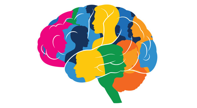 Silhouette of a human brain filled with colorful profile shapes of diverse people representing psychology or ideas.