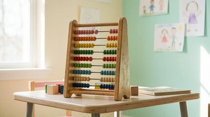 A classic wooden abacus with colorful beads displayed on a table, symbolizing early childhood education and mathematical learning.