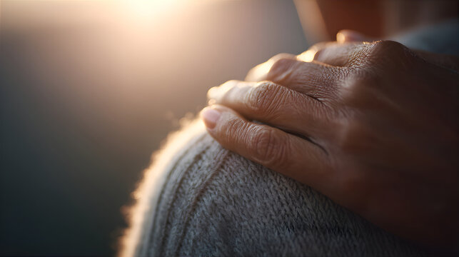Woman hand touching shoulder close up. Support and empathy on christian week of prayer concept. Human comfort expression.