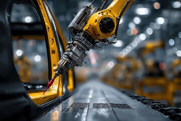 Industrial robotic arm working on car body in automotive factory
