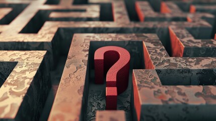 A close-up view of a complex maze with a prominent red question mark in the center. The maze features intricate patterns and textures.