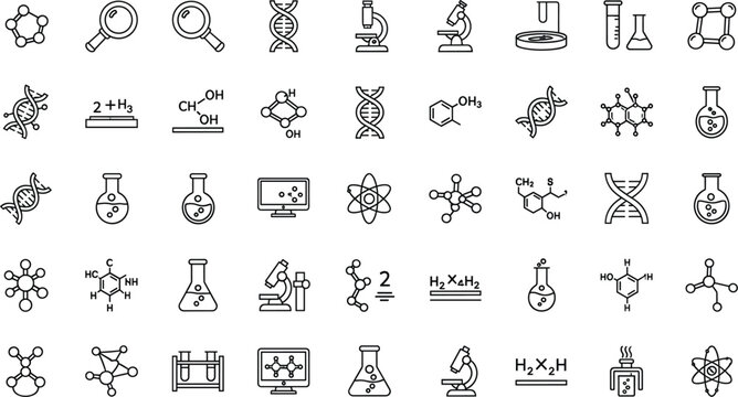 Chemistry and molecular science outline icon set featuring formulas, laboratory equipment, atoms, and research symbols