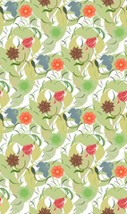 Abstract flowers and large leaves in vector seamless pattern.