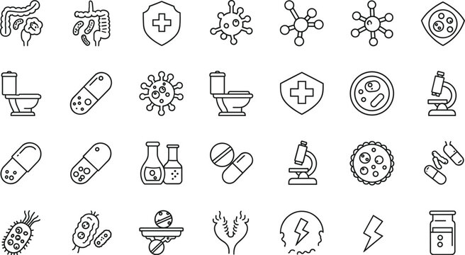 Medical microbiology and healthcare outline icon set featuring bacteria, viruses, medicines, laboratory tools, and hygiene symbols