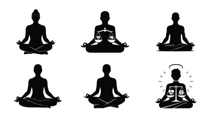 Collection of six black silhouette images featuring individuals in meditation poses, emphasizing balance and spirituality.