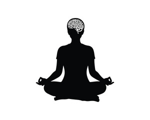 Black silhouette of a person meditating with a brain illustration, symbolizing mental focus and tranquility.
