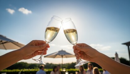 Two hands toasting with champagne glasses outdoors