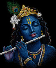 AI-generated conceptual illustration of Krishna playing flute, serene mythological deity in spiritual devotional art style