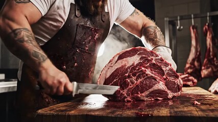 Expert Butcher Carves Prime Rib in Traditional Kitchen