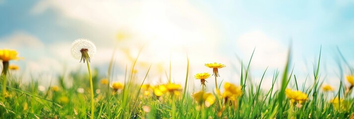 Fresh grass and yellow dandelion flowers in a meadow field under a blue sky with clouds during summer or spring