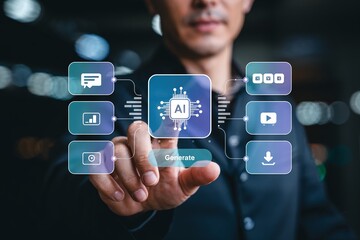 Businessman Interacting With Artificial Intelligence Neural Network Graphic Icons For Digital Automation And Futuristic Machine Learning Technology Ads