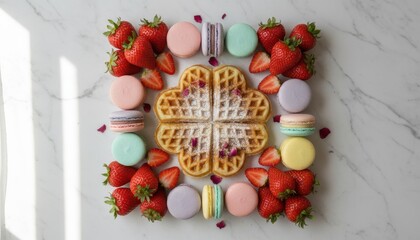 Heart-shaped waffle with macarons and strawberries on marble
