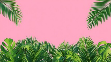 Tropical Palm & Monstera Leaves Border on Pink Background Copy Space