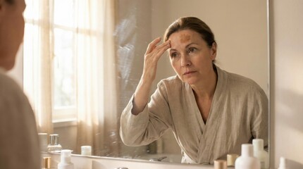 Woman inspecting skin pigmentation on forehead in mirror