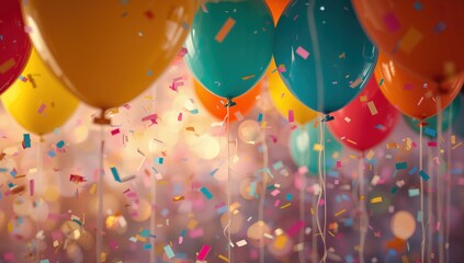 Celebration concept with colorful balloons floating amid confetti for birthday and festival designs
