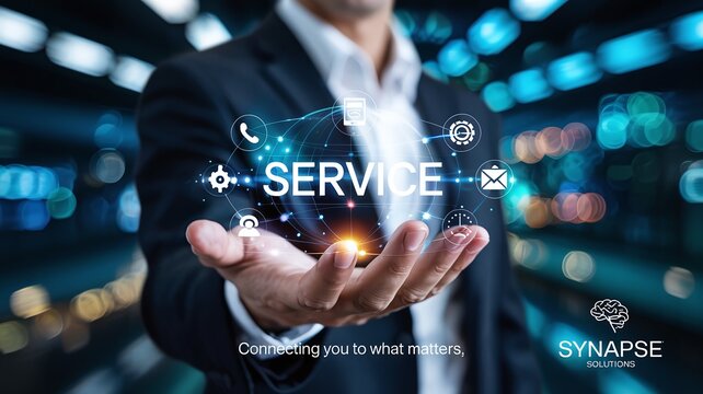 Professional Businessman Holding Virtual Digital Service Interface with Communication Icons for Global Customer Support and Tech Solutions  - Powered by Adobe
