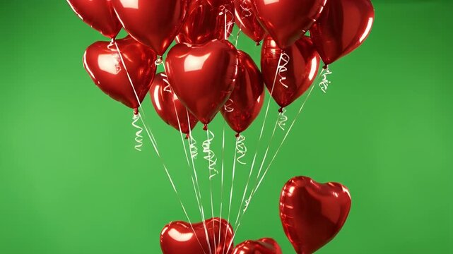 Vibrant 4K Slow Motion of Red Heart Balloons Floating and Rising Against a Green Screen Chroma Key.