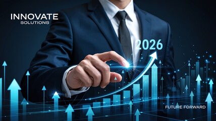 Businessman Pointing At Futuristic 2026 Digital Growth Chart With Upward Arrows For Global Financial Forecasting And Corporate Success Marketing Ads