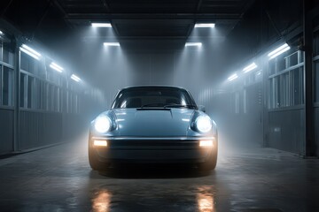 Classic Sports Car in Dark Industrial Garage with Volumetric Lighting