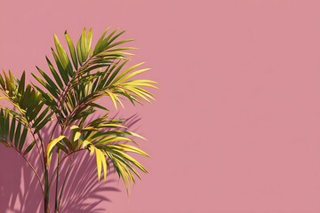 Tropical Palm Leaves on Pink Background Minimal Botanical Copy Space