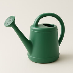 A green plastic watering can with a handle is a gardening tool isolated on a white background, used for agriculture and flower care to water plants in a garden container
