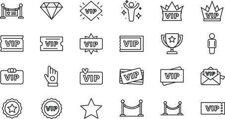 VIP access and premium status outline icon set featuring tickets, badges, awards, exclusivity, and special entry symbols