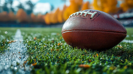 An American football rests on the sideline of a green field in autumn light, capturing focus, anticipation, and the calm moment before the game begins