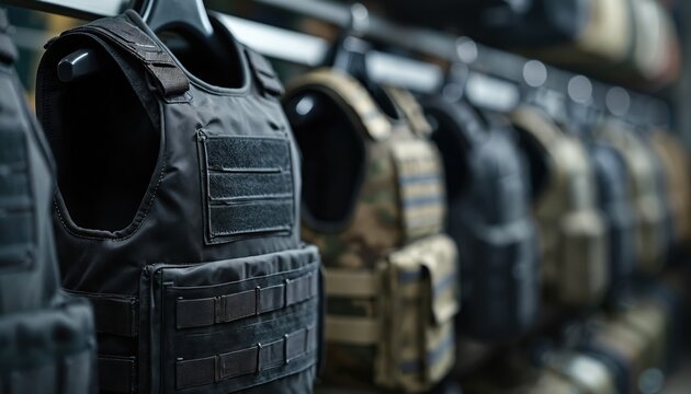 Several bulletproof vests hang on a rack. Body armor offers ballistic protection. Tactical gear includes vests with modular attachments for defense.