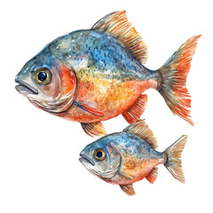 Fototapeta premium Mother Piranha With Her Kid, vibrant watercolor vector illustration with flowing and detailed brush strokes, isolated on a white background.