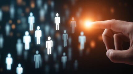 Recruitment decision concept with a hand selecting a candidate among many neutral figures in a digital workspace setting