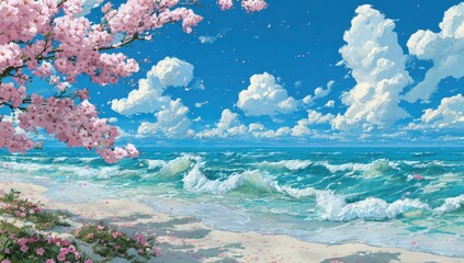 Beautiful seaside scene, cherry blossoms frame clear, blue sky, gentle waves, sunny beach